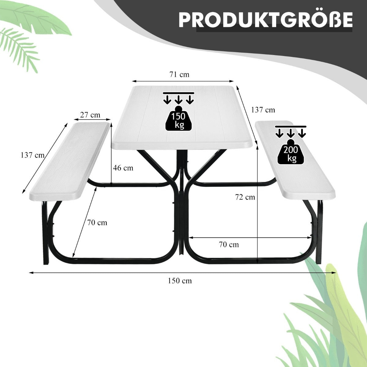 Coast Bear Tent Set Picknicktisch und 2 Bänke mit Metallrahmen weiß