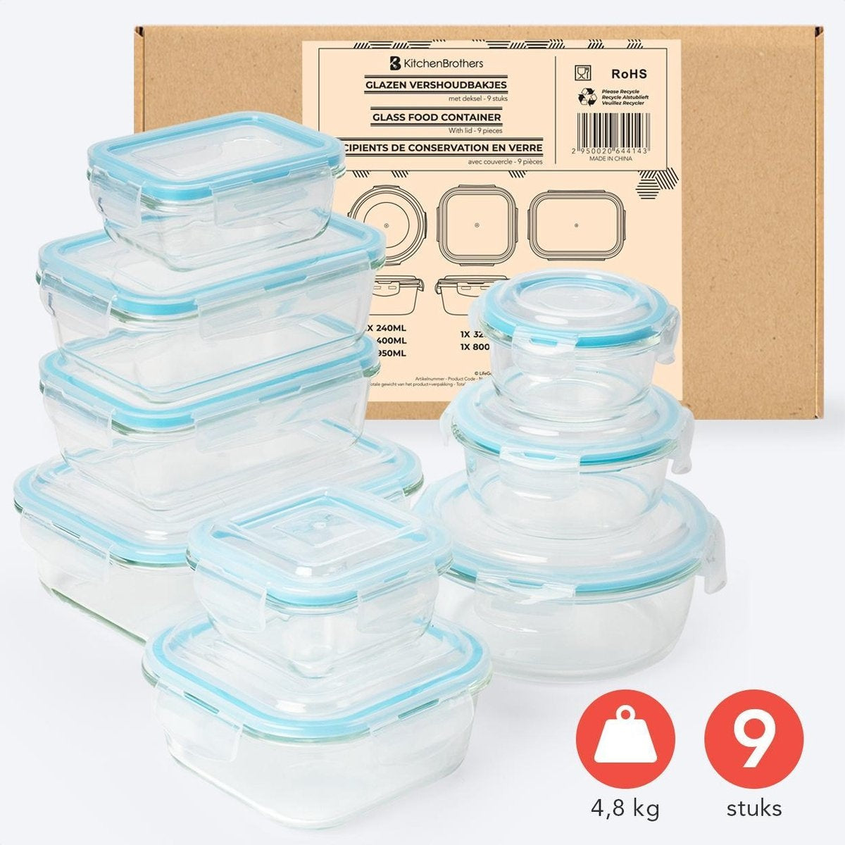 KitchenBrothers Mahlzeit Vorbereitung Tabletts - Frische Tray Set - luftdicht - BPA frei - Glas - 9 Stück