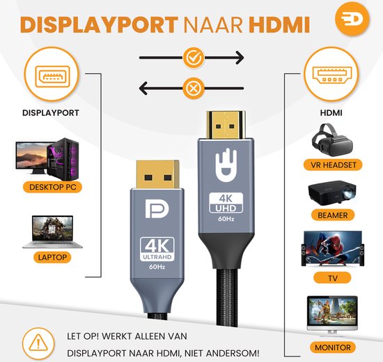 Drivv. Premium Displayport zu HDMI Kabel - 4K 60hz - Nylon - 2 Meter - Grau