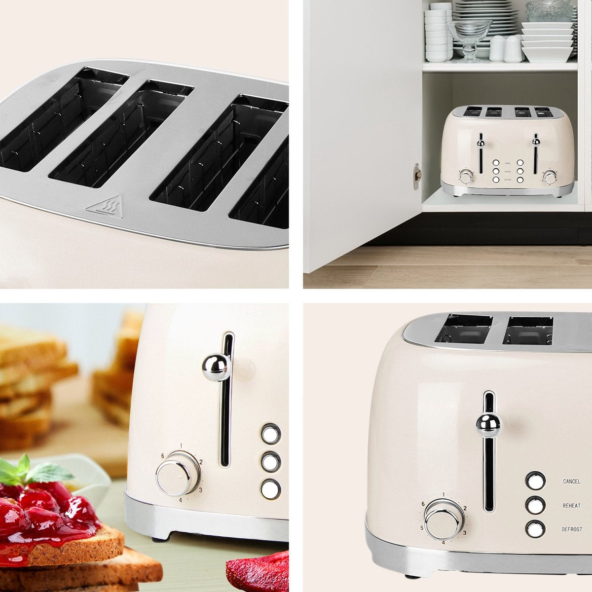 KitchenBrothers Retro Toaster - Toaster - 6 Heizstufen - 4 extra breite Schlitze - 1630W - Beige