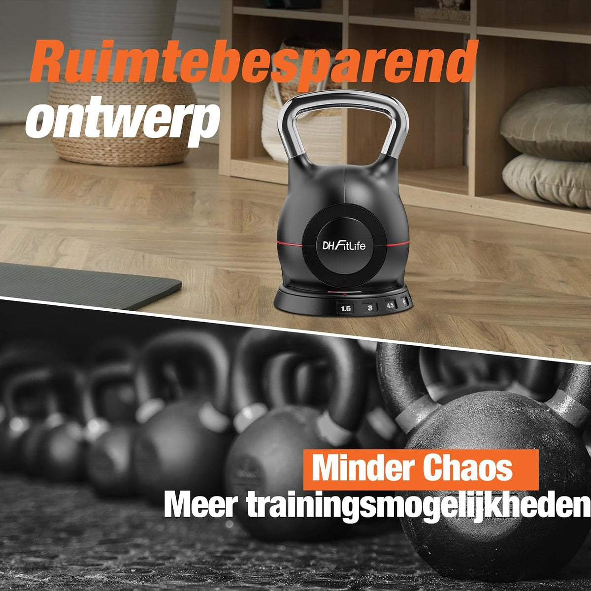 DH FitLife Verstellbare 7-in-1-Kettlebell – 1,5 bis 10 kg – 7 Gewichtsstufen – 20 x 20 x 30 cm – Schwarz