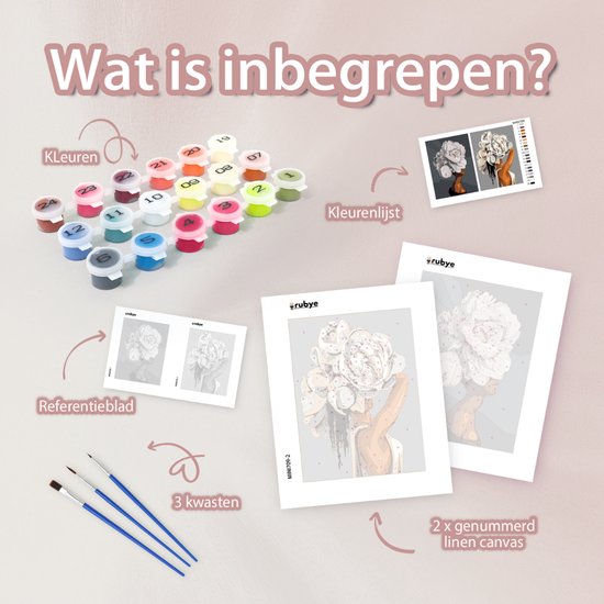 Rubye® Malen nach Zahlen Erwachsene - Blumenkopf - Inklusive Farbe und Pinsel - Malen auf Leinwand - Malen nach Zahlen - Doppelset - 15x20cm