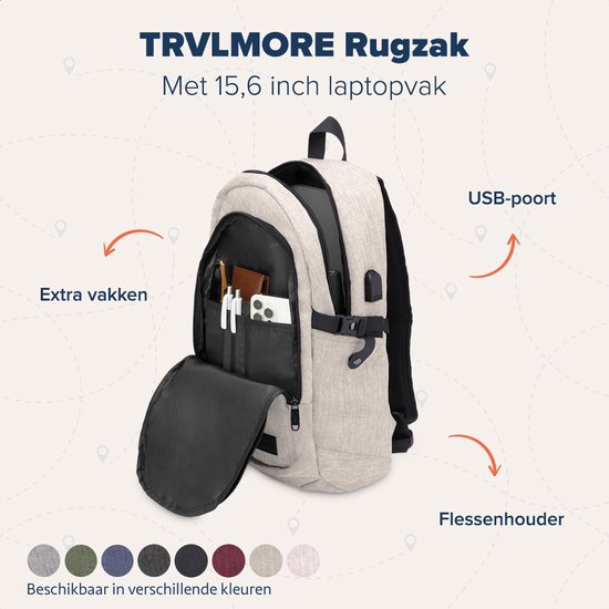 TRVLMORE Rucksack - 25L - 15.6 Zoll - Laptop-Rucksack mit USB - Schultasche - Herren und Damen - Tasche Champagner