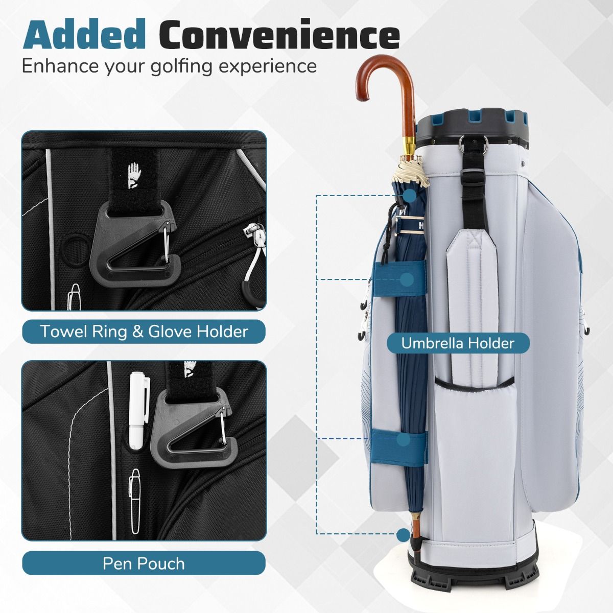 Coast Golf Bag mit 14 Fächern, 11 Taschen, Trageriemen und Regenschutz - leichte Golf Cart Bag - 34x24x90,5 cm - Marineblau
