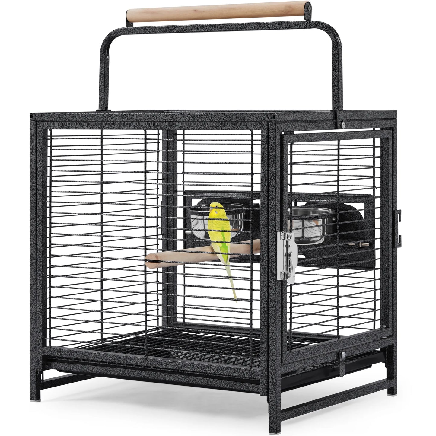 Yaheetech Vogelkäfig mit Griff - mit hölzernen Sitzstangen und wasserabweisende Beschichtung und abschließbare Tür - für Kanarienvögel und Wellensittiche - schwarz Metall Kunststoff und Holz - 48,5 x 39 x 65 cm
