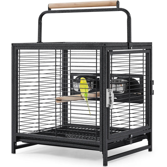 Yaheetech Vogelkäfig mit Griff - mit hölzernen Sitzstangen und wasserabweisende Beschichtung und abschließbare Tür - für Kanarienvögel und Wellensittiche - schwarz Metall Kunststoff und Holz - 48,5 x 39 x 65 cm