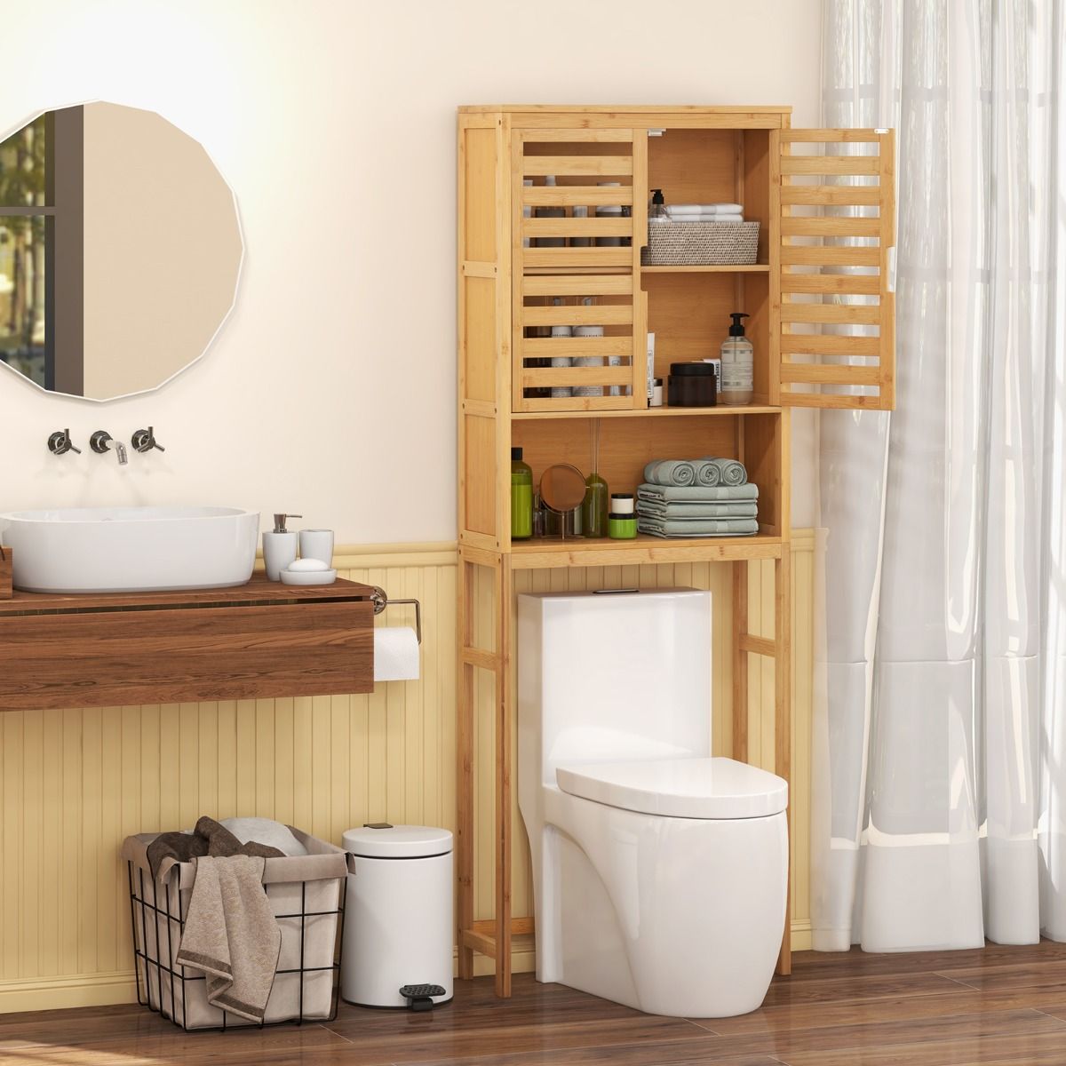 Coast Badezimmerschrank über der Toilette – hoher Aufbewahrungsschrank aus Bambus mit 2 Türen – platzsparend – naturbelassen – 62 x 23 x 170 cm