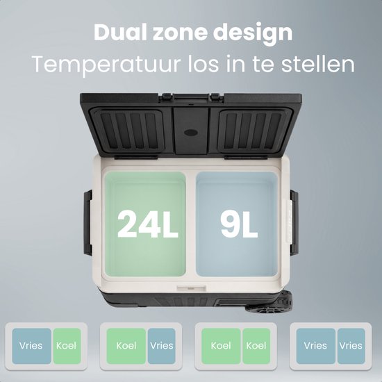 Auronic Electric Cool Box - Kompressor - 2 Zonen - 33L - 12/24V und 240V - Kühlen und Gefrieren - Campingkühlschrank - Frigobox Auto - Mit Rädern und Griff - Schwarz