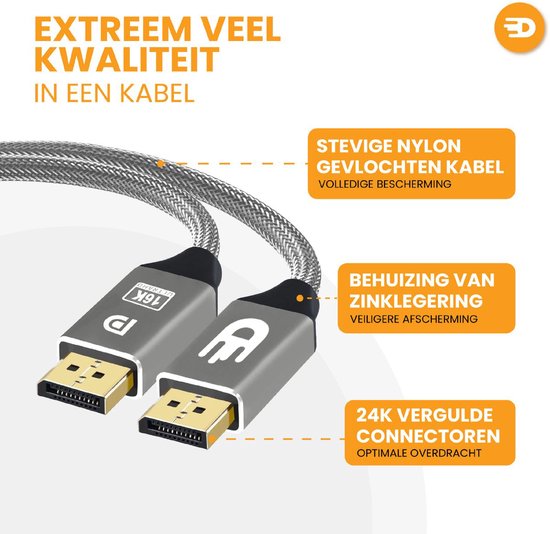 Drivv. DisplayPort-Kabel 2.1 - 16K 60Hz - 8K 120Hz - 4K 144Hz - 80Gbps - DisplayPort zu DisplayPort - DP-Kabel - 2 Meter - Grau