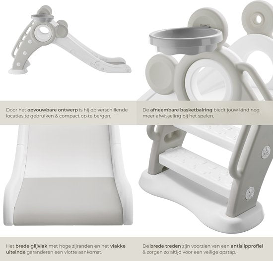 tectake® Kinderrutsche - Rutsche Kleinkind - ab 2 Jahren - mit Basketballring - klappbar - 128 x 66,5 x 67,5 cm - für drinnen und draußen - grau