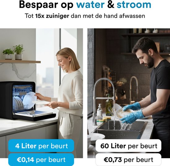 Joula Mini-Geschirrspüler mit Wassertank - 8 Waschprogramme - 5 Fächer - Kleiner schmaler freistehender Geschirrspüler - Camping - Schwarz