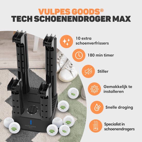 Vulpes Goods® Tech - Schuhtrockner & Schuherfrischer mit Timer - 4-in-1 - Handschuhtrockner - Trocknungsgerät - Trocknungsfunktion - Inkl. 10x Duftfresser - PRO MAX