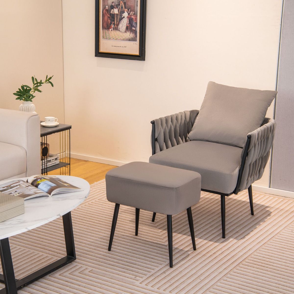 coast Modern Dutch Velvet Side Chair and Footstool Set - Grau - 66x65x80 cm | 46x35x45,5 cm