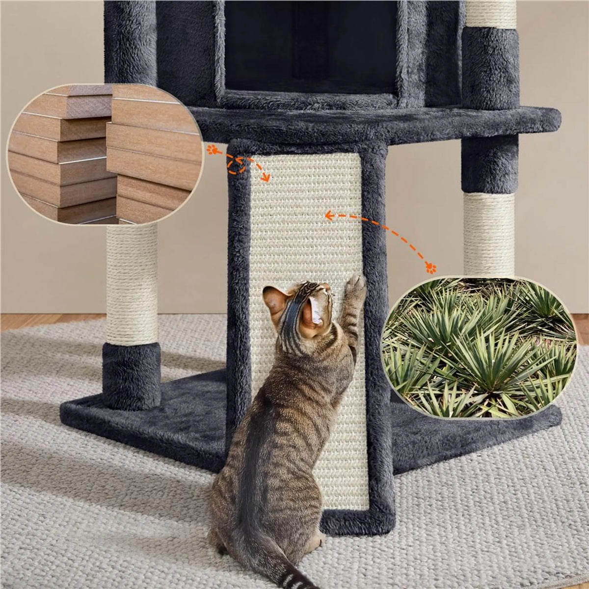 Yaheetech Katzenpfosten mit 5 Sisalstangen - Ausgestattet mit gepolsterter Aussichtsplattform und Hängematte und Katzenhöhle - Für 2 bis 3 kleine und mittlere Katzen - Dunkelgrauer Plüsch und Metall - 43,5 x 43,5 x 106 cm