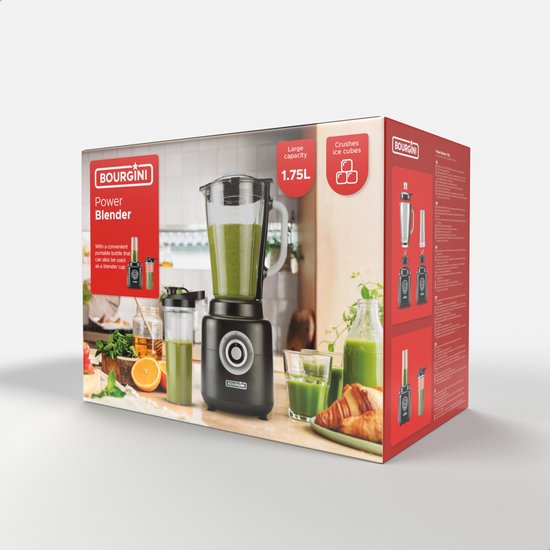 Bourgini PowerBlender - 1.75L - Blender zum Mitnehmen mit 700ml Becher - Blender Smoothie und Eiscrusher - 1000 Watt - Schwarz