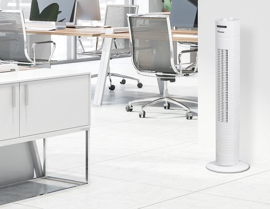 Bestron Turmventilator, Ventilator mit 3 Geschwindigkeitsstufen & 75° Grad Drehfunktion, inkl. Timer, Höhe: 78 cm, 35W, AFT760W, Farbe: weiß