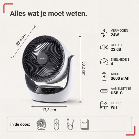 SwitchBot 22 dB kabelloser Tischventilator – Flüsterleiser, wiederaufladbarer USB-Ventilator mit App und Fernbedienung – Leise Luftzirkulation am Schreibtisch – 4 Stufen & Timer – Weiß
