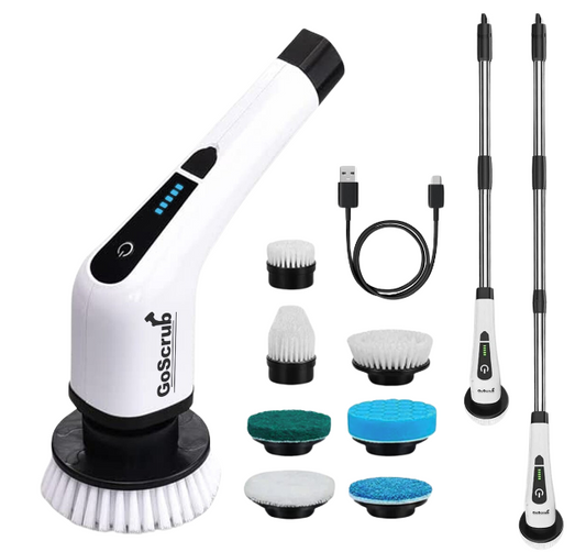 GoScrubÂ® Cleaning King V1 - Elektrische Reinigungsbürste - Elektrische Schrubbbürste - für Bad oder Küche - Schrubber mit Griff - 9 Aufsätze