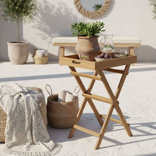 AXI Inda Teak Klappbarer Beistelltisch – mit abnehmbarem Tablett – 39 x 29 x 50 cm – Teakholz – Leicht – Zusammenklappbar – Für Garten, Terrasse und Balkon