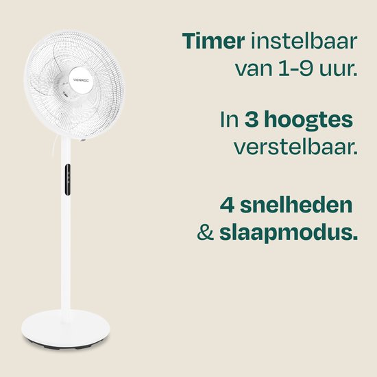VONROC Standventilator – Ø 45,5 cm – 4 Geschwindigkeitsstufen & Schlafmodus – Timer – in 3 Höhen verstellbar – inkl. Fernbedienung – weiß