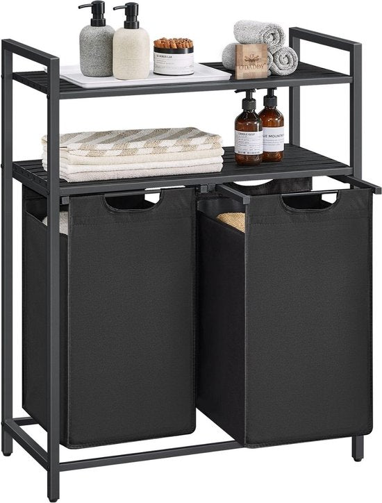 O'DADDY® Wäschekorb mit 2 Fächern & 2 Einlegeböden - 76 Liter - Ausziehbarer Wäschesortierer - Wäschekorb - Wäschebox - Doppelter Wäschekorb - Schwarz/Braun