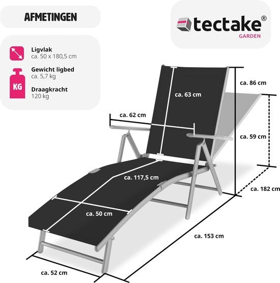 tectake - sonnenliege sonnenbank - verstellbare rückenlehne - schwarz/silber