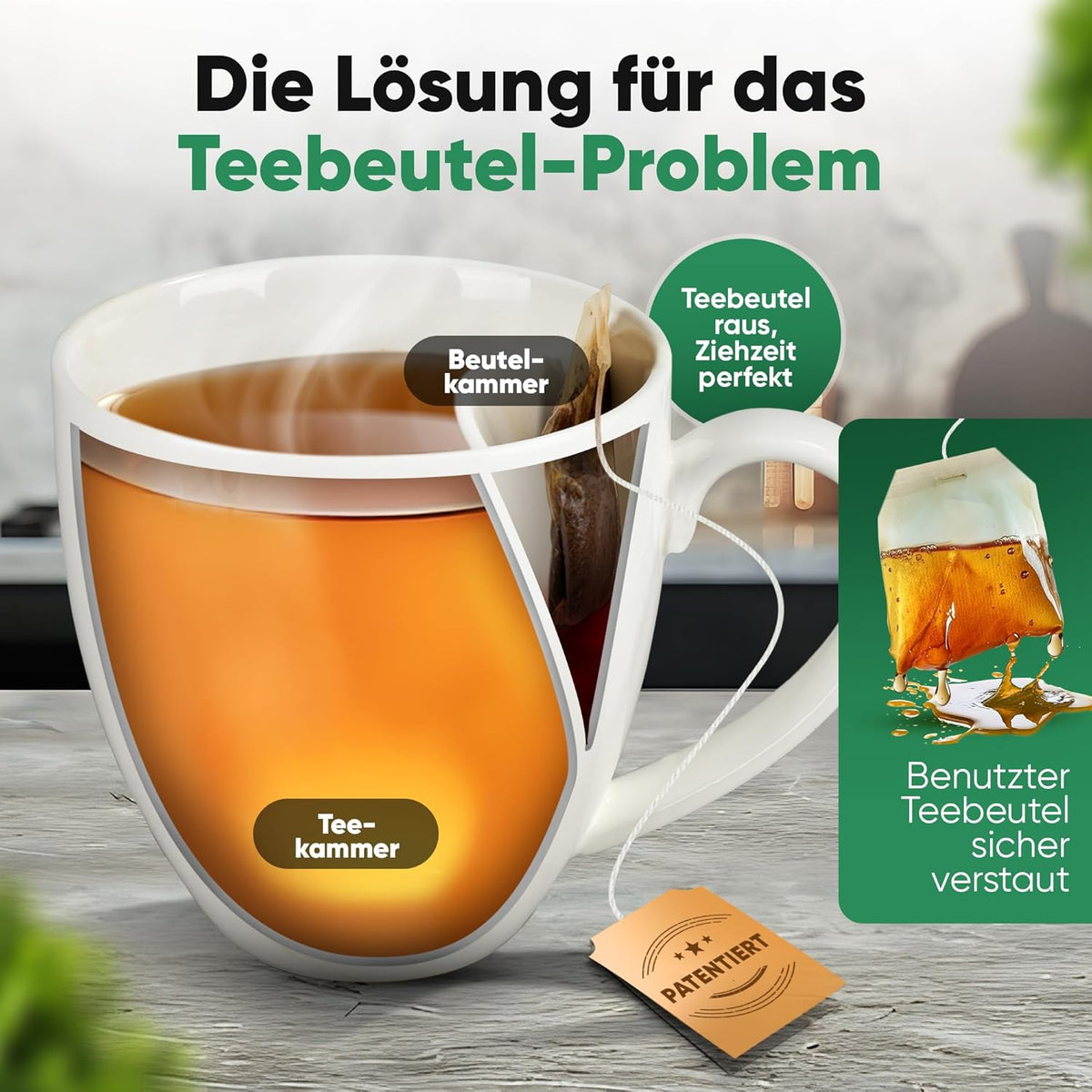 Neighbour's Friend Patentierte Teetasse weiss mit Beutelablage I Keramik Tasse groß 325ml I Teebecher Steingut I Keramiktasse für Tee I Spülmaschinengeeignet Teetassen I Modernes Design für Teetrinker