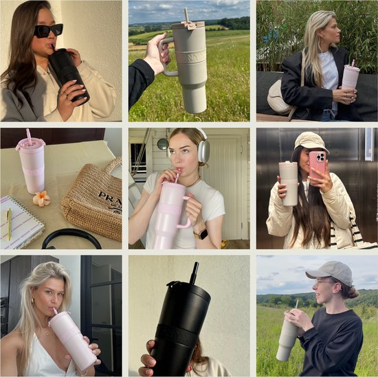 ONYX Trinkflasche mit Strohhalm 700ML - Wasserflasche für Kinder & Erwachsene - Thermosbecher Reisebecher - Motivationstrinker - Trinkbecher für die Schule - Beige