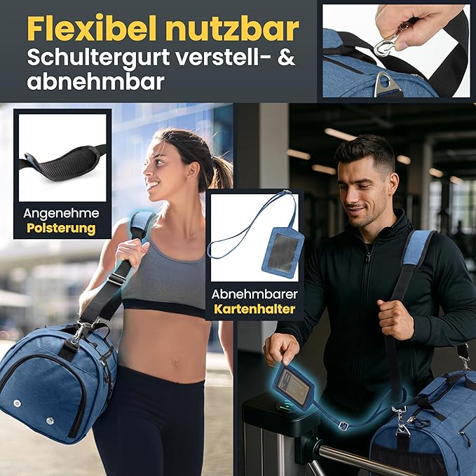 Herowerk Sporttasche mit Schuhfach und Nassfach, Trainingstasche für Damen und Herren, ideal als Reisetasche, Fitnesstasche, Trainingstasche oder Sporttasche, Dunkelblau, Sporttasche mit Schultergurt
