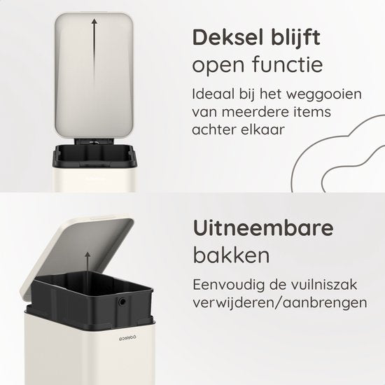Deleca Abfalleimer Prestige - 50 Liter - Schmal - Edelstahl Mülleimer / Abfalleimer / Tret-Abfalleimer - Mit Fußpedal und Slow Close - Cremeweiß