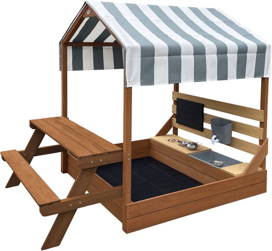AXI Bo Sandkasten & Spielhaus 159 x 105 cm mit Spielküche und Picknicktisch, braun – FSC-Holz – Mit Kreidetafel und 6-teiligem Sandkasten-Zubehörset – Inklusive Abdeckplane und Bodenvlies – 10 Jahre Garantie