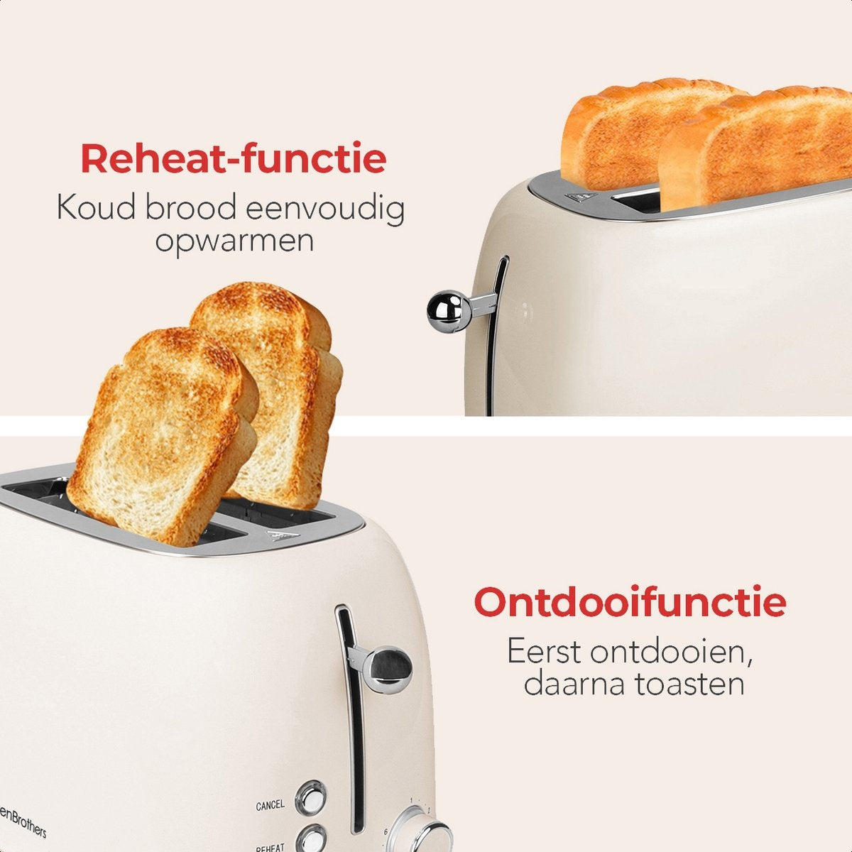 KitchenBrothers Retro-Toaster - 6 Heizstufen - 2 extra breite Schlitze - 1630W - Aufwärm- und Auftaufunktion - Beige
