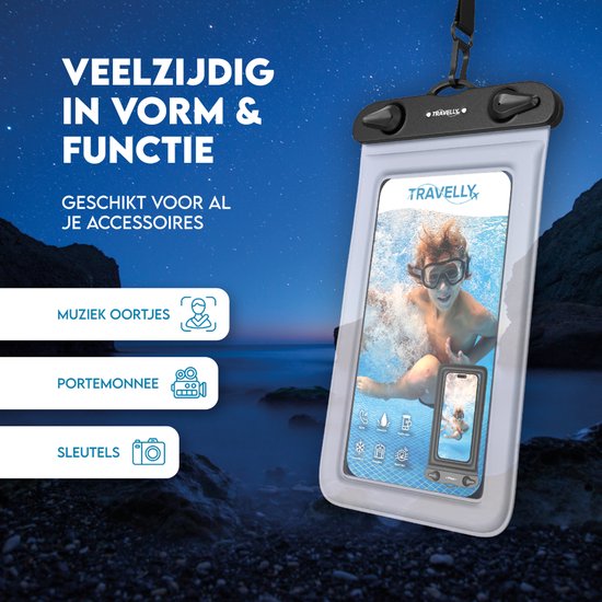 Travelly® Wasserdichte Handytasche 2er Set - Universelle Unterwassertasche für Smartphone - Geeignet für alle Handys - Drybag - Für Urlaub, Schwimmen & Wassersport - Transparent/Weiß