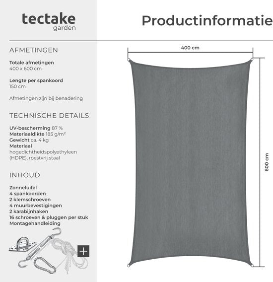 tectake® Rechteckiges Schattennetz „Sunny“ – 4 x 6 m - Besonders robustes 185 g/m² HDPE-Sonnenschutzgewebe – UV-Schutz 50+ – Wetterbeständig und reißfest – Sonnenschutz für Garten, Balkon, Terrasse – Sonnenschutzgewebe inklusive Befestigungsmaterial – Gra