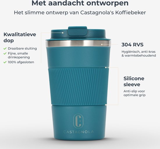 Castagnola Thermos Cup - Kaffeebecher To Go - Reisebecher für Kaffee und Tee - Teebecher - 380 ML - Edelstahl - Blau