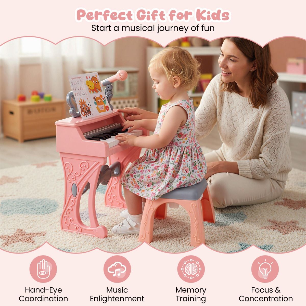 Coast Kinderkeyboard – 25 Tasten – mit Hocker, Notenständer und Mikrofon – rosa und grau