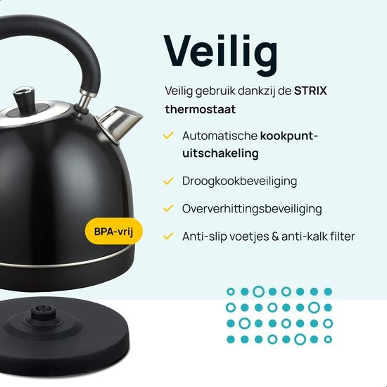 MOA Wasserkocher Retro - 2200 Watt - 1,8 Liter - Edelstahl - BPA-frei - Elektrisch - Schwarz - EK3TB