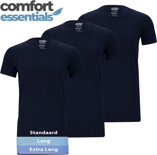 Comfort Essentials – T-Shirts für Herren – Extra lang – Navy - Größe L – 3er-Pack – Rundhalsausschnitt – Unterhemd für Herren