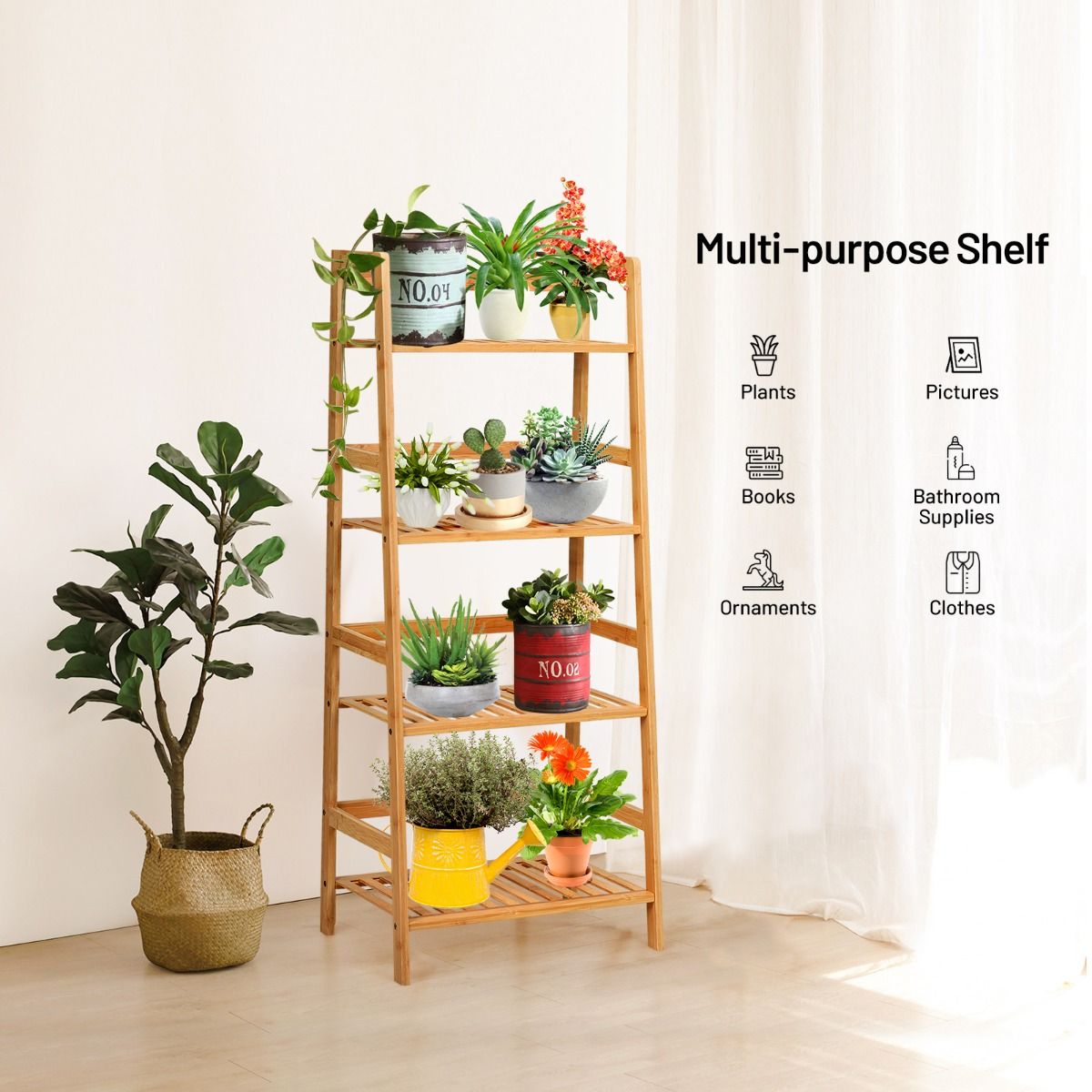 Coast 4-tier Ladder Shelf Plant Stand and Bamboo Book Rack - Natural - 48x32x114 cm