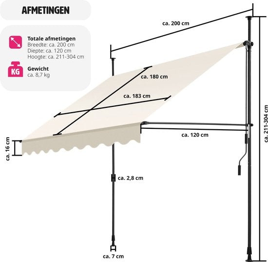 tectake - Klemmmarkise - Sonnenschirm - Verstellbar - Klemmmarkise - Sonnenschirm Balkon - 200 x 180 cm - beige - Markise - 404957