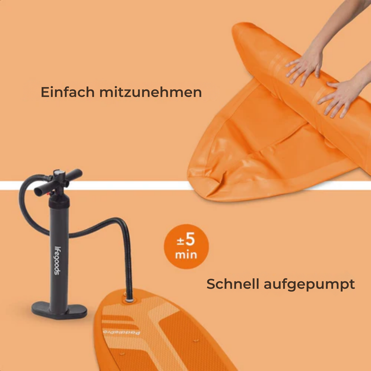 LifeGoods SUP Board - Deluxe Set - Mit Sitz - Aufblasbares Paddle Board - Max. 135KG - 320x81cm - Orange