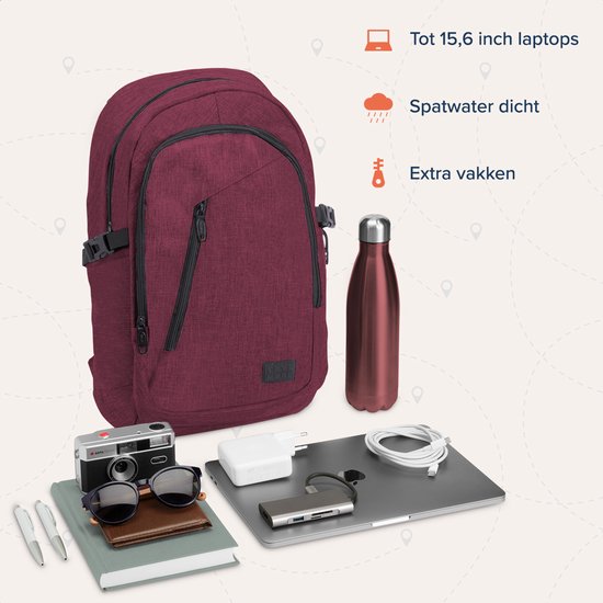 TRVLMORE Rucksack mit Lifetime - Rucksack mit 15.6 Zoll Laptopfach - Schultasche - spritzwassergeschützt - Männer und Frauen - Jungen und Mädchen - 25L - Burgunderrot