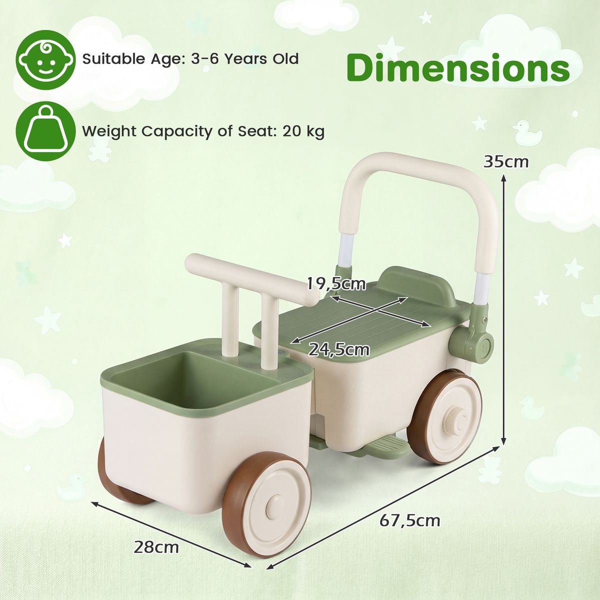 Coast 3-in-1-Laufwagen für Kinder – mit Stauraum – Schiebe- und Ziehfunktion – grün