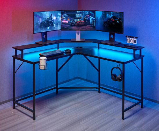 Eckschreibtisch – Gaming-Schreibtisch – L-förmiger Schreibtisch – USB- und USB-C-Anschlüsse sowie Stromanschluss in der Tischplatte – LED-Beleuchtung – Tischplatte 130 x 130 x 50 cm