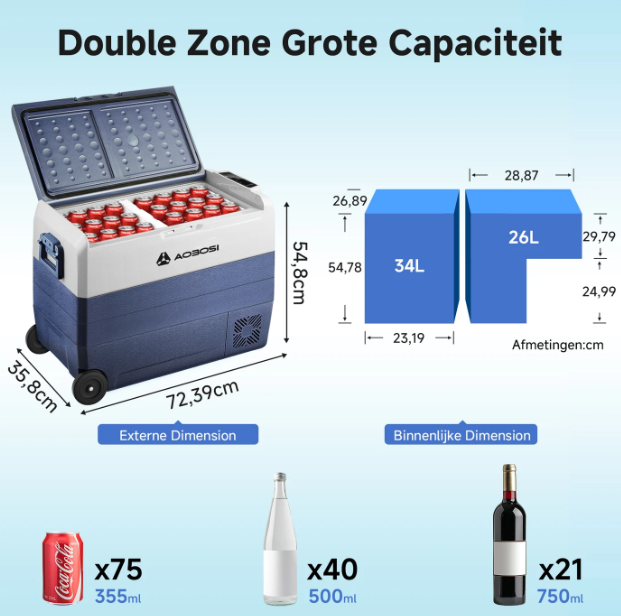 AAOBOSI 60 l Kompressor-Kühlbox mit zwei Temperaturzonen – Steuerung per App – 12/24 V & 230 V – Schwarz
