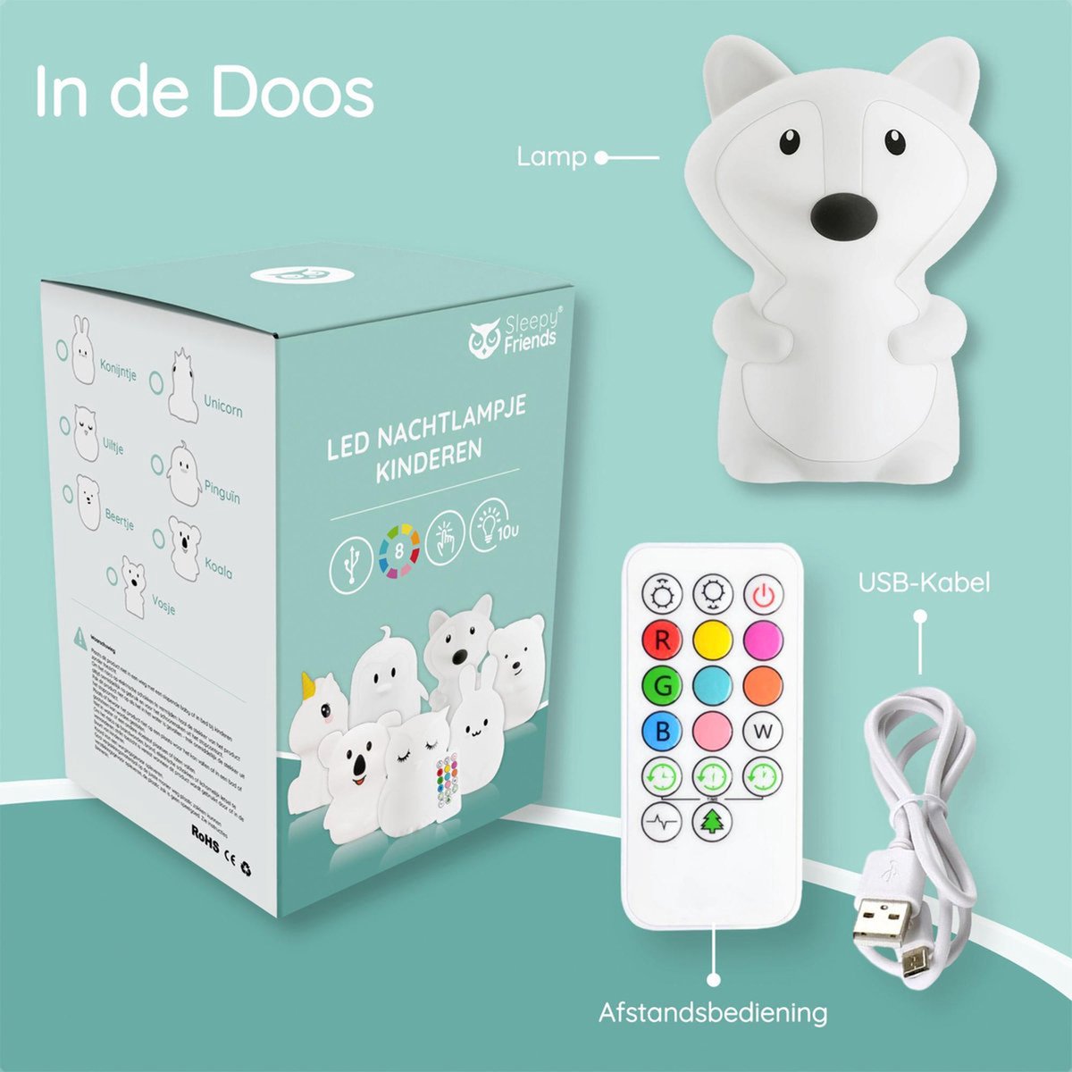 Sleepy Friends Kinder-Nachtlicht Fuchs - USB aufladbar und dimmbar - 8 Farben - 95x97x100 mm - Weiches Silikon-Nachtlicht für Babyzimmer und Kinderzimmer