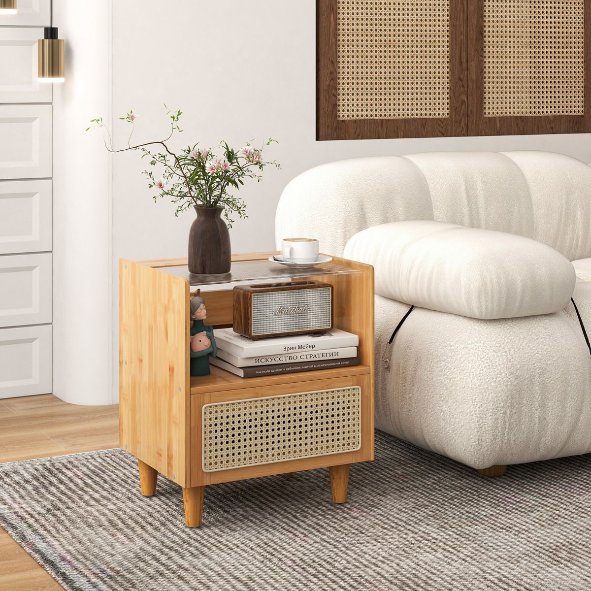 Coast Nachttisch-Set, 2er-Set – Bambus und Rattan – Schublade und offenes Fach – naturfarben, 43 x 35 x 50 cm