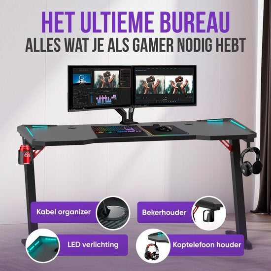 Avalo - Gaming Tisch - 140x60x73 CM - mit LED-Beleuchtung - Schwarz