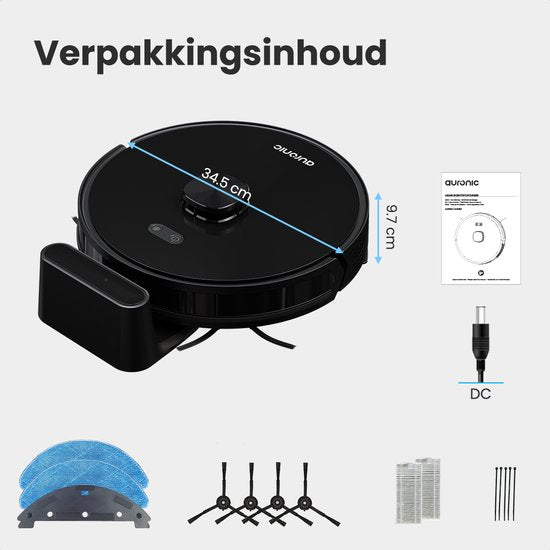 Auronic Staubsaugerroboter - mit Wischfunktion - WiFi und App - Ladestation - Haustiere - Wischroboter - Lasernavigation - Schwarz