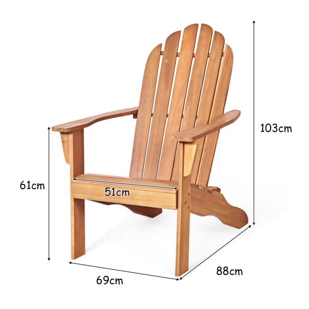 Coast Outdoor Holz Adirondack Stuhl 69x88x103 cm - Natur Akazienholz - Gartenstuhl für Terrasse, Balkon und Garten